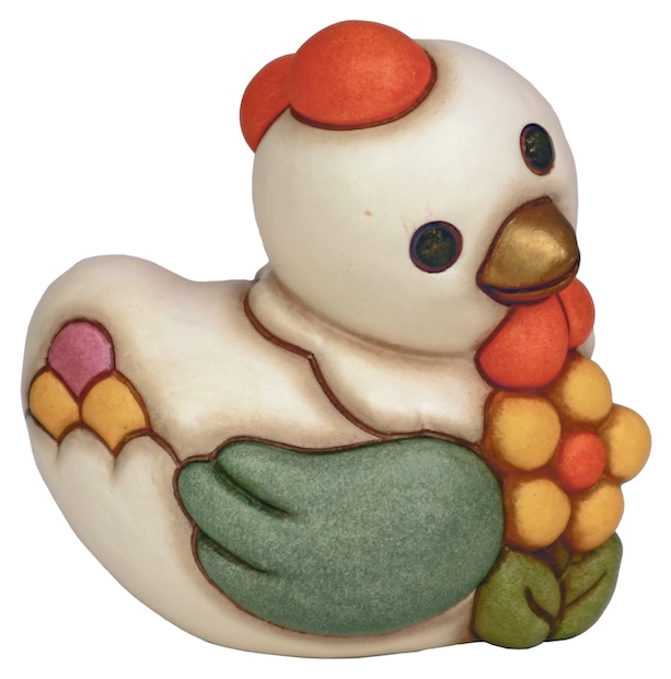 Gallina Ester con fiore in ceramica Sorprese di Pasqua, piccola. Misura L 6,8 x P 6 x H 7,8 cm. Prezzo 29,90 euro.